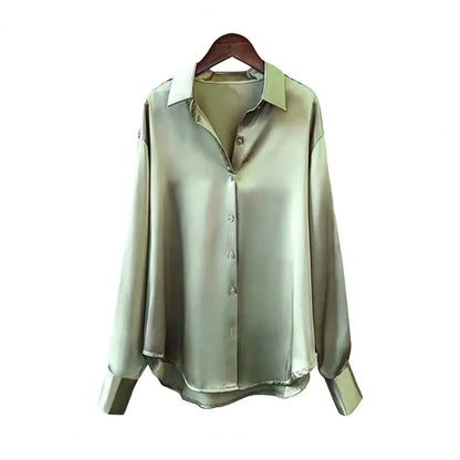 🍒Satin shirt women fashion smooth fabric versatile collar shirt elegant casual loose office long sleeves tops party evening wear party wear Super Sensual Satin