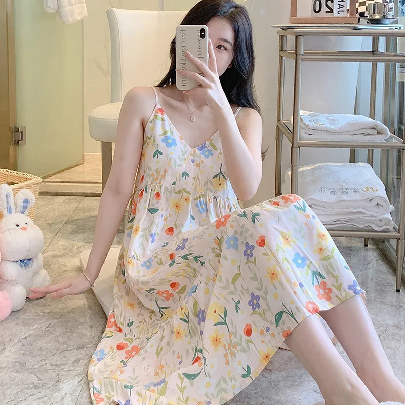 🍒Sleeveless night dress for Women breathable viscose cotton camisole nightie floral  night dress loungewear summer wear holidaywear nightwear Fresh Florals