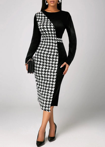 🍒Herringbone dress colour contrast printed elegant monochrome outfits long-sleeved OL Commuter office wear clothes for women bodycon plus size Get On The BONE For A HERRING
