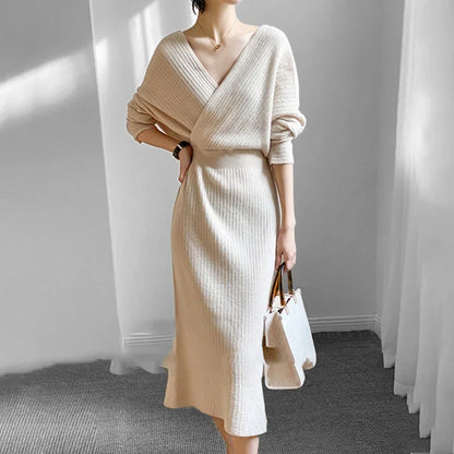 🍒V-neck knit dress criss cross elasticated waist batwing sleeve outfit slim fit elegant autumn winter fashion smart casual wear women Jump Into Knits