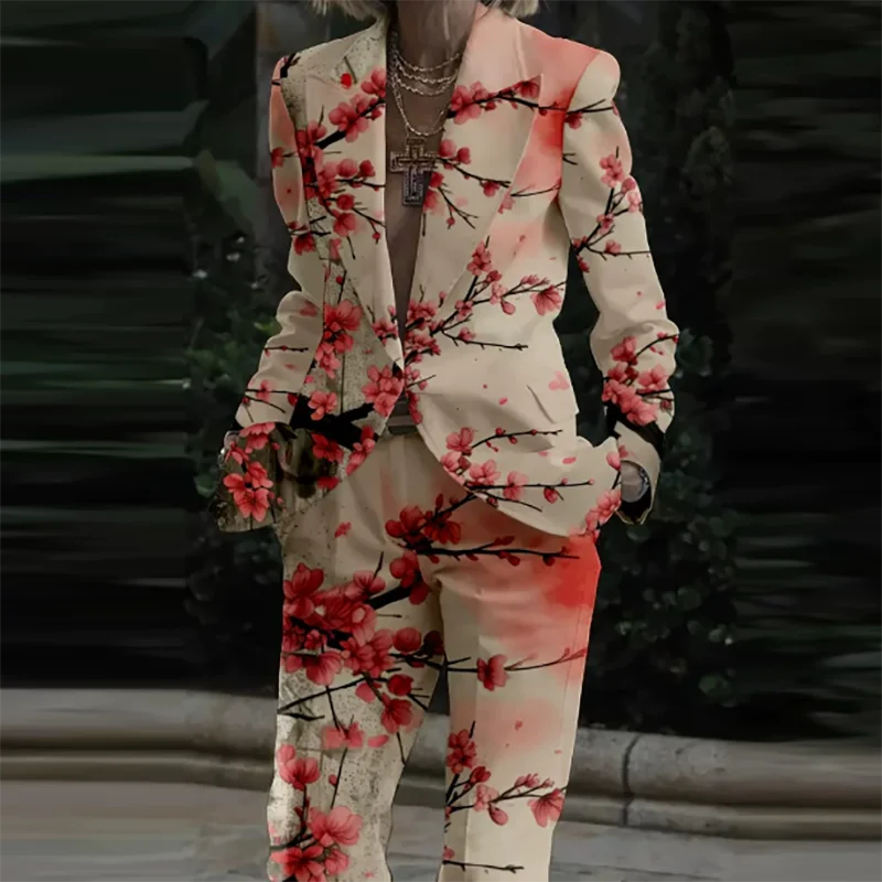 🍒Womens casual suits two piece loose pants set womens lapel long sleeve jacket and trouser set floral fashion pattern print outfit  Look Like Your On A Shoot In A Fruity Suit