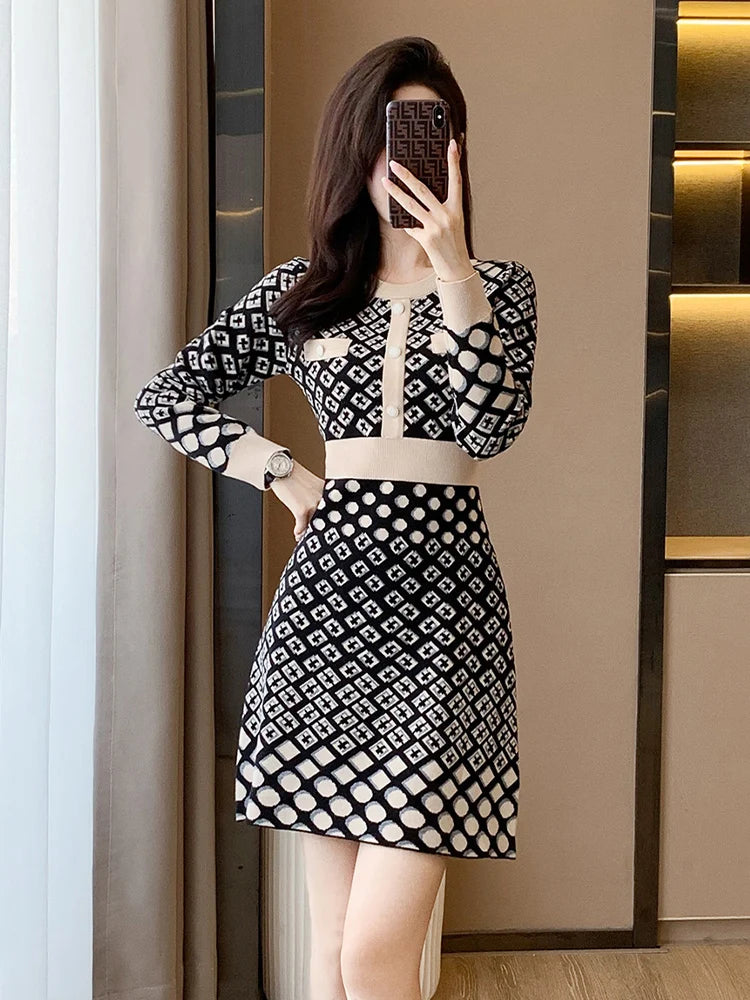 🍒Vintage knitted dress long sleeve mini o-neck autumn/winter Jacquard a-line outfits slim fit smart casual womens clothing breathable viscose Value Vintage
