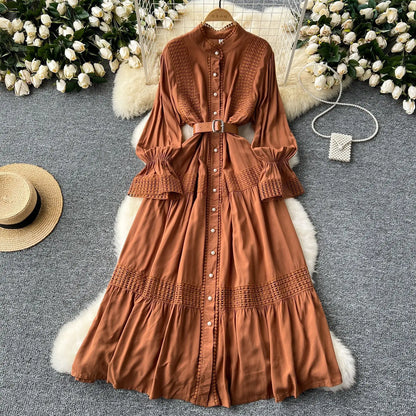🍒Stand collar maxi dress a-line elegant single breasted smart casual women puff seeve outfit single breasted shirt dresses high waist Y2k fashion vintage style clothimg Get A ComPLEAT Look
