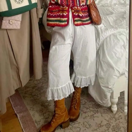 🍒Cottage fairy wide leg pants Y2k aesthetic 00s retro high waist  calf-length trousers Vintage lounge loose fit ruffle hem trousers feminine female fashion wear for women Get Cosy In A  Fairy cottage