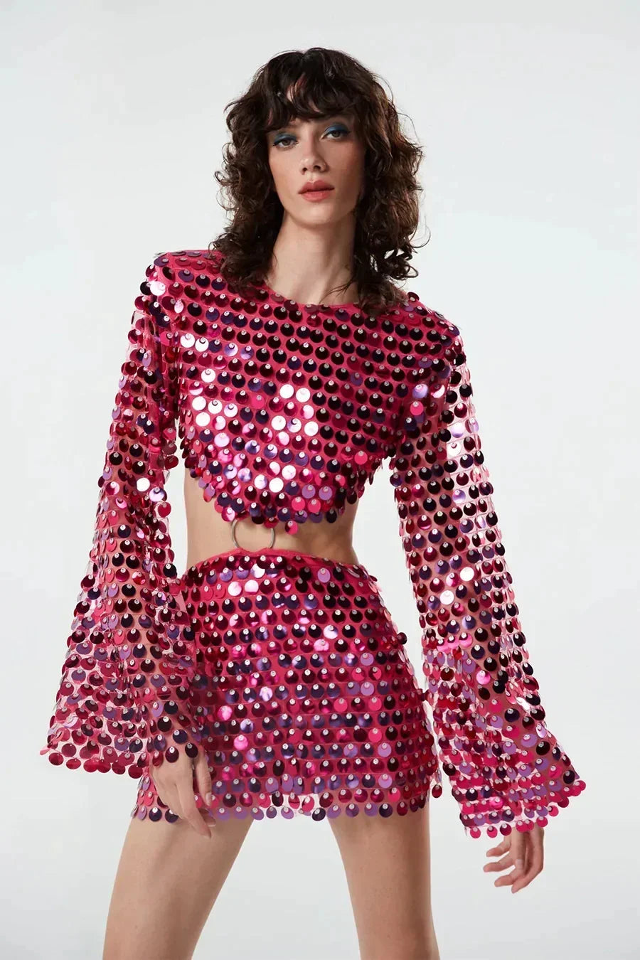🍒Spring summer outfits women sequins mini dress flare sleeves o-neck fashion club wear party occasion wear irregular clothing DISCO-ver Sequin Style