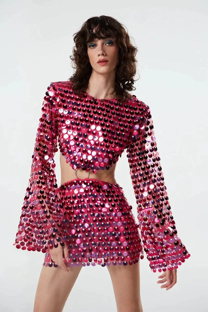 🍒Spring summer outfits women sequins mini dress flare sleeves o-neck fashion club wear party occasion wear irregular clothing DISCO-ver Sequin Style