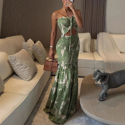 🍒Womens printed long dress ruched backless sleeveless summer outfit ruffle dresses party vacation wear   BRA-vo To FLOOR-al Beauty