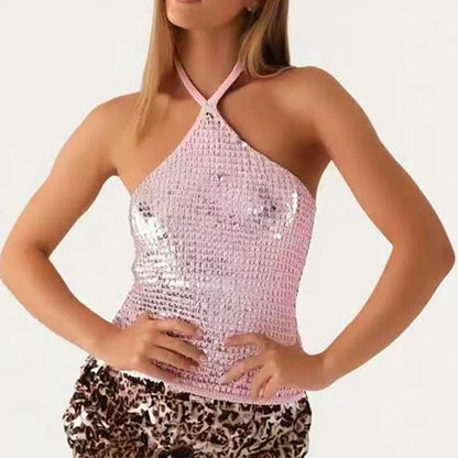 🍒Glitter camisole sequin shiny top womans halter tie-up backless tank spring summer night club clothes beach wear Y2K fashion This Will Be The Sole Of Your Camis
