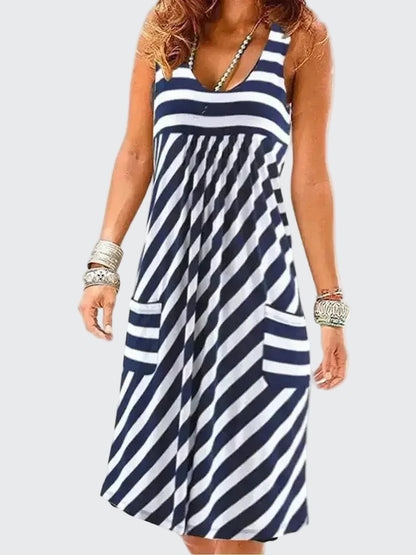 🍒Fashion striped dress vest style summer outfit with pockets loose sleeveless beach wear for women’s solid clothing for holiday casual wear  SHORELY Sweet Stripes