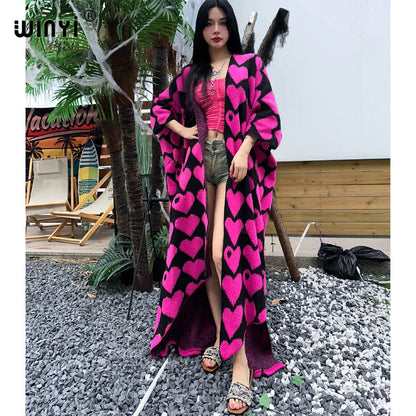 🍒 Heart print cardigan womens knitwear kimono fashion autumn winter smart casual wear party coat thick warm womens holiday coat women Warm Hearted