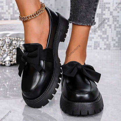 🍒Bow shoes for women's smart casual platform loafers fashion wine red patent leather footwear comfort slip on flat pumps plus size available Bob Along Bows