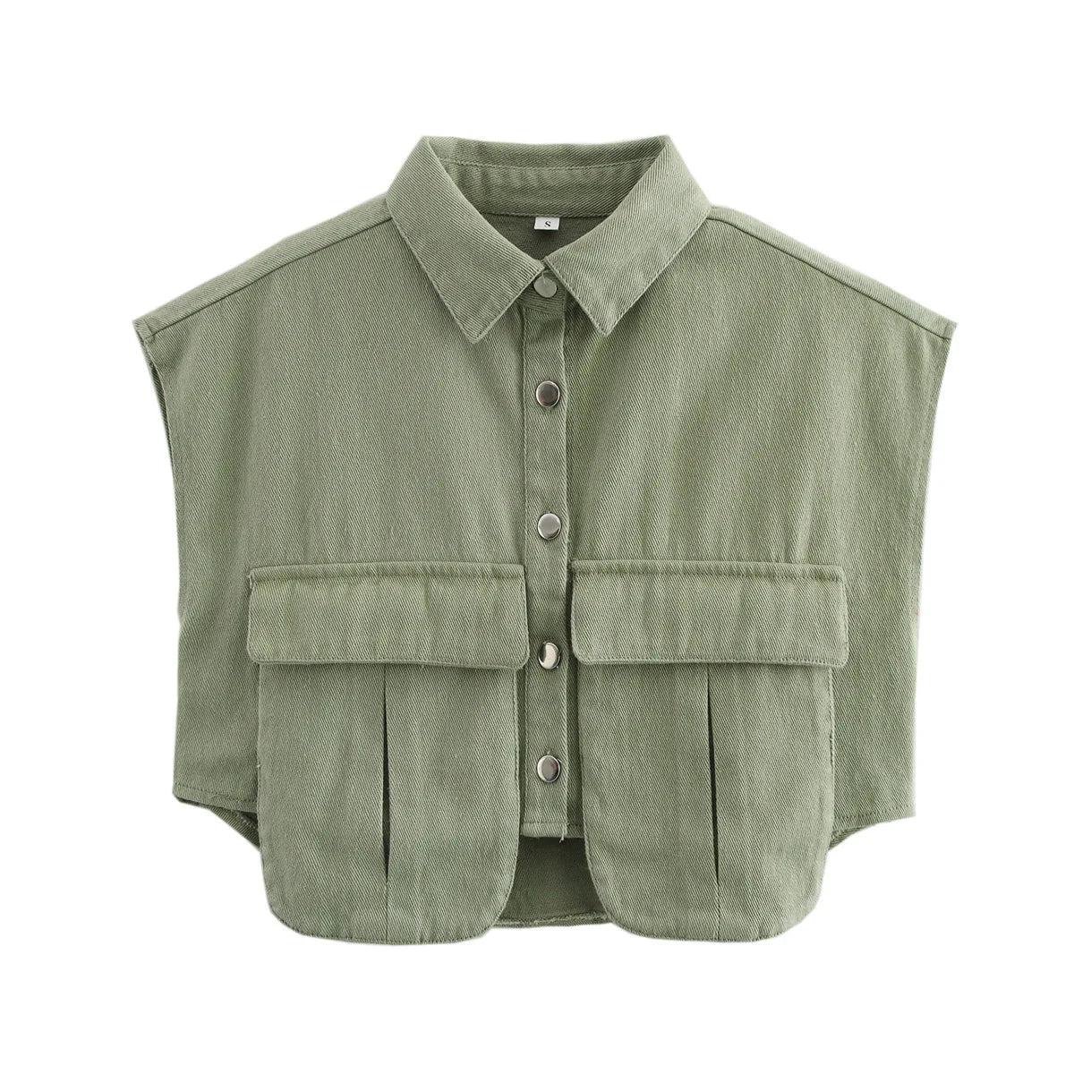 🍒Women's summer cropped shirt sleeveless blouse top ladies elegant with large pockets vintage style chic casual solid summer clothing high end cardigan denim top Pocket This Crop