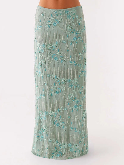 🍒Sequin maxi skirt high waist sparkle pearl embellished long  skirt for women glitter rhinestone fashion going out club clothes You Dont Need To Be At A Seaside ROCK This SWEET