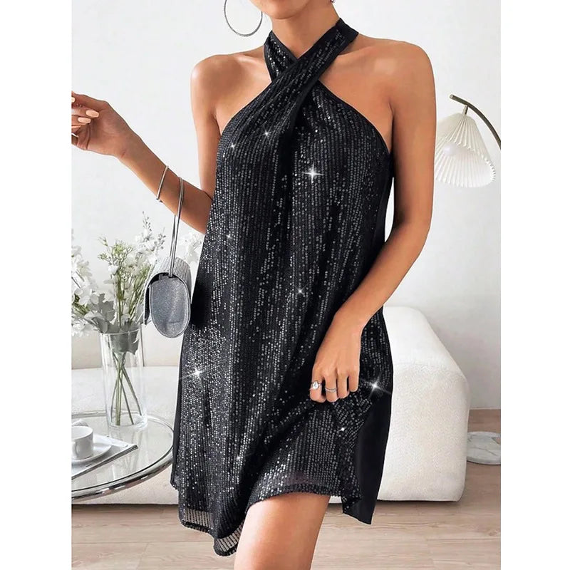 🍒Halter strapless dress sparkly women's clothes strapless sequin  mini outfit sleeveless party wear occasion wear clubbing wear Slip On A-Sensual Slippy Slip