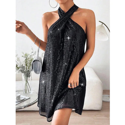 🍒Halter strapless dress sparkly women's clothes strapless sequin  mini outfit sleeveless party wear occasion wear clubbing wear Slip On A-Sensual Slippy Slip