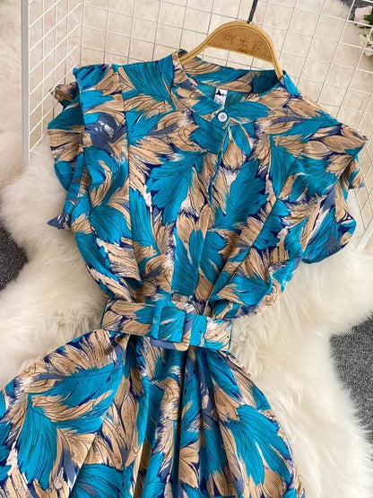 🍒 Printed midi dress high waist sleeveless a-line outfits elegant stand collar ruffle smart casual summer feminine fashion style Dont LEAF-e This In Your Basket Get This And You Will Be SKY High With Happiness