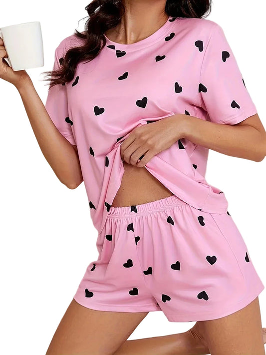 🍒Women's Love heart sleepwear set print knit fashion heart print top soft short sleeve top and shorts sleepwear set for comfortable home wear lounge wear  Light Hearted Fun