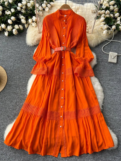 🍒Stand collar maxi dress a-line elegant single breasted smart casual women puff seeve outfit single breasted shirt dresses high waist Y2k fashion vintage style clothimg Get A ComPLEAT Look