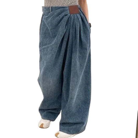 🍒Denim trouser baggy loose pleated casual wide leg jeans women designer mid waist pants washed long casual bottoms Gather Cool