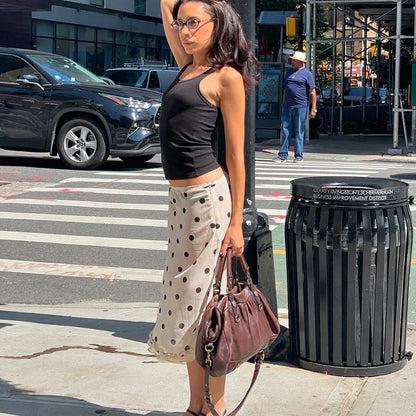 🍒Polka dot high waist skirt  womens chiffon lace skirt over knees fashion office lady elegant a-line summer wear No Polka -ing Fun At This Fun Polka