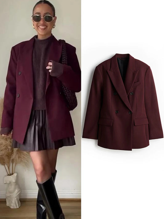 🍒Wine red blazer women's double breasted Jacket elegant suit coat female lapel long sleeveb outerwear officewear solid-fashion Its Time For Wine