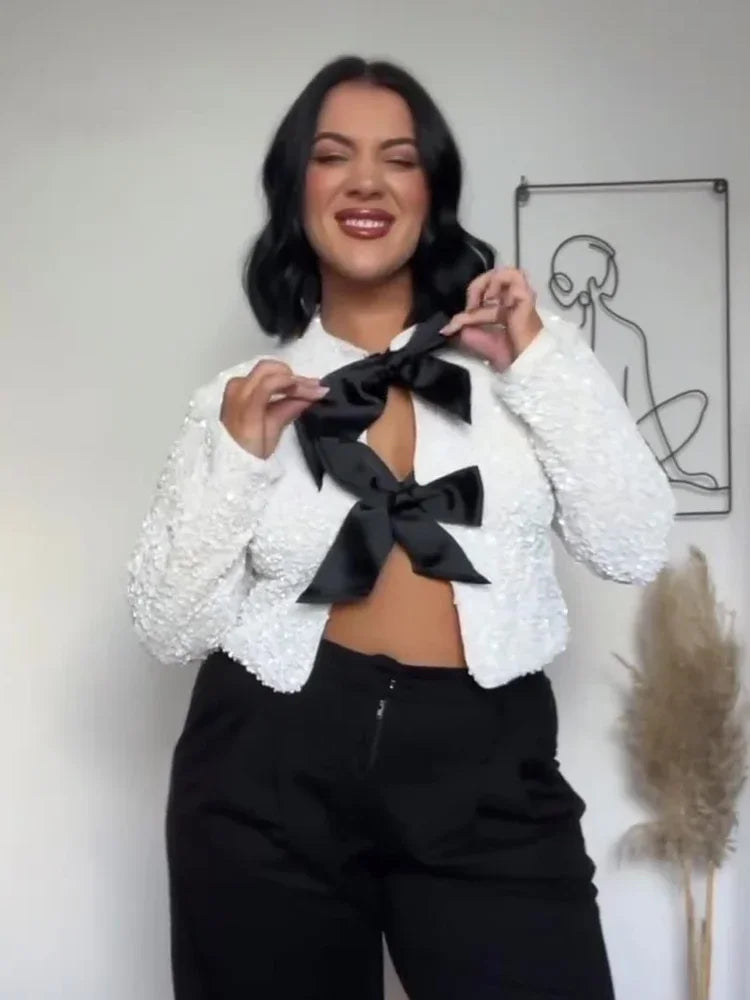 🍒Bow tie sequin dress for women long sleeve shiny mini dress female chic backless evening party dress with back bow crop sequin jacket long sleeve with satin bow front  occasion party wear