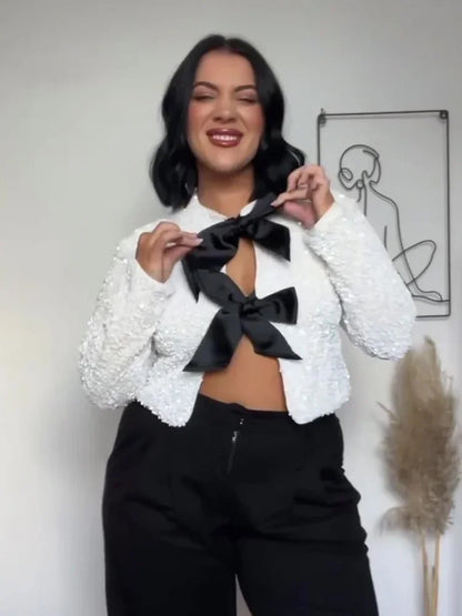 🍒Bow tie sequin dress for women long sleeve shiny mini dress female chic backless evening party dress with back bow crop sequin jacket long sleeve with satin bow front  occasion party wear