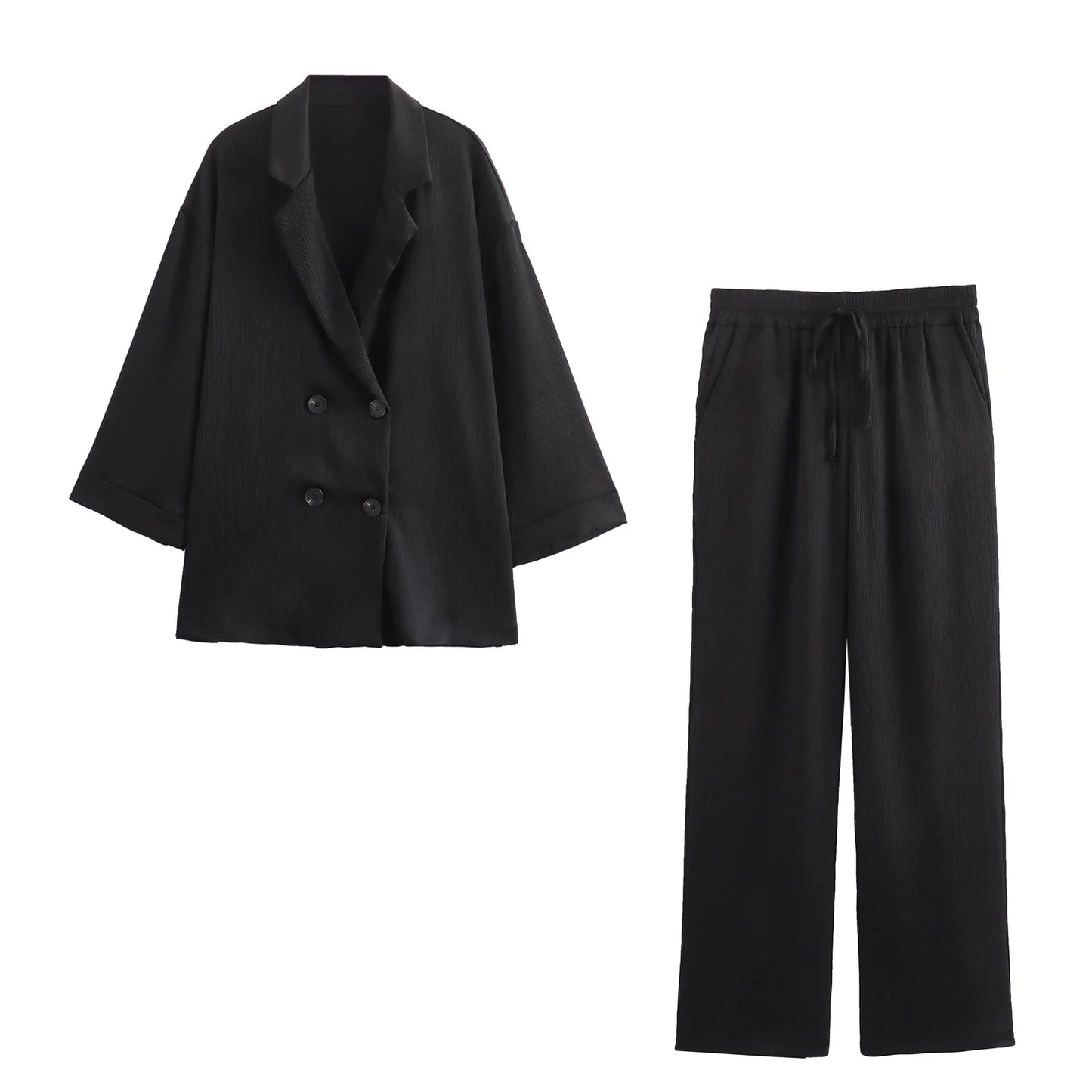 🍒Casual blazer jacket and  pants suit for women long sleeve double breasted jacket + wide leg trousers office outfits smart casual fashion wear occasion wear Keep Abreast Of The Double Breast