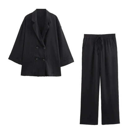 🍒Casual blazer jacket and  pants suit for women long sleeve double breasted jacket + wide leg trousers office outfits smart casual fashion wear occasion wear Keep Abreast Of The Double Breast