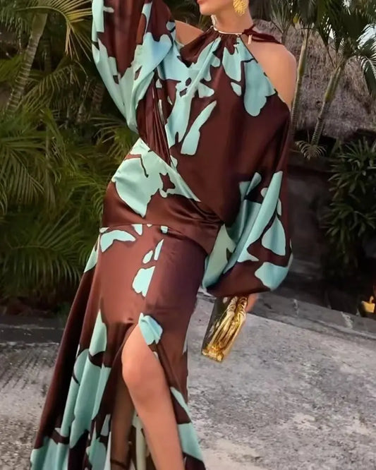 🍒Elegant evening dresses vacation style outfits printed off shoulder with slits party evening wear fashion clothing for women Look Sound In Aqa Brown Gown