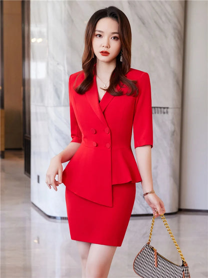 🍒Red 2 piece womens suit fashion skirt set business wear office workwear light blazers for women half sleeve top and mini skirt Berry Beautiful