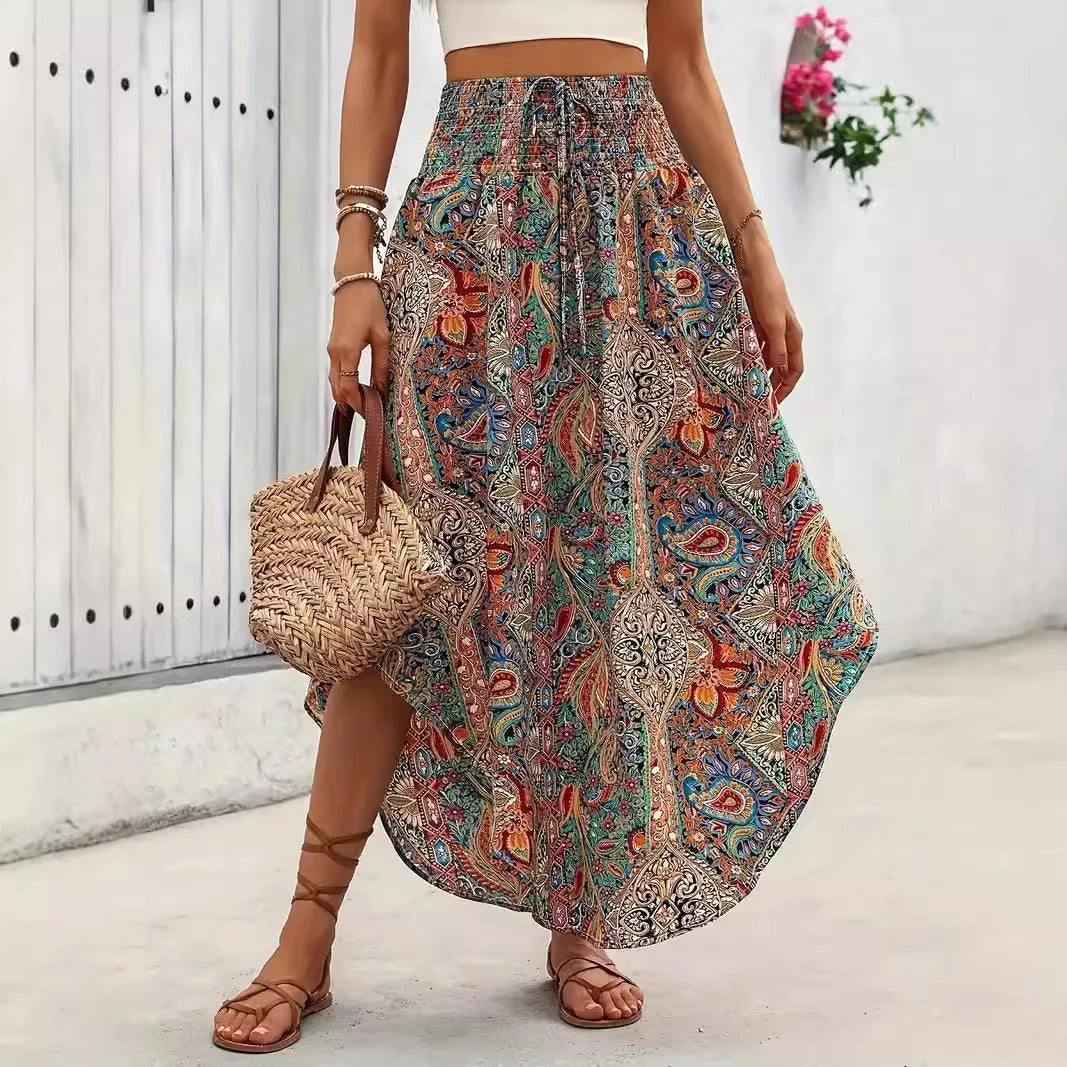 🍒Boho vintage skirt a-line midi floral print clothes fashion wear for women summer wear  High waist Pleated elastic waist Long Skirt casual holiday wear Get A Chiffon And Get A Chevron