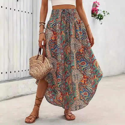 🍒Boho vintage skirt a-line midi floral print clothes fashion wear for women summer wear  High waist Pleated elastic waist Long Skirt casual holiday wear Get A Chiffon And Get A Chevron