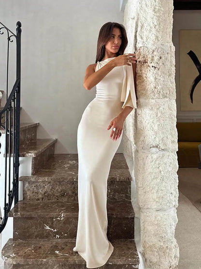 🍒Asymetric neck maxi dress long fitted temperament occasion party wear body con simple tie dresses for evening keep Aside The Side Side Tie