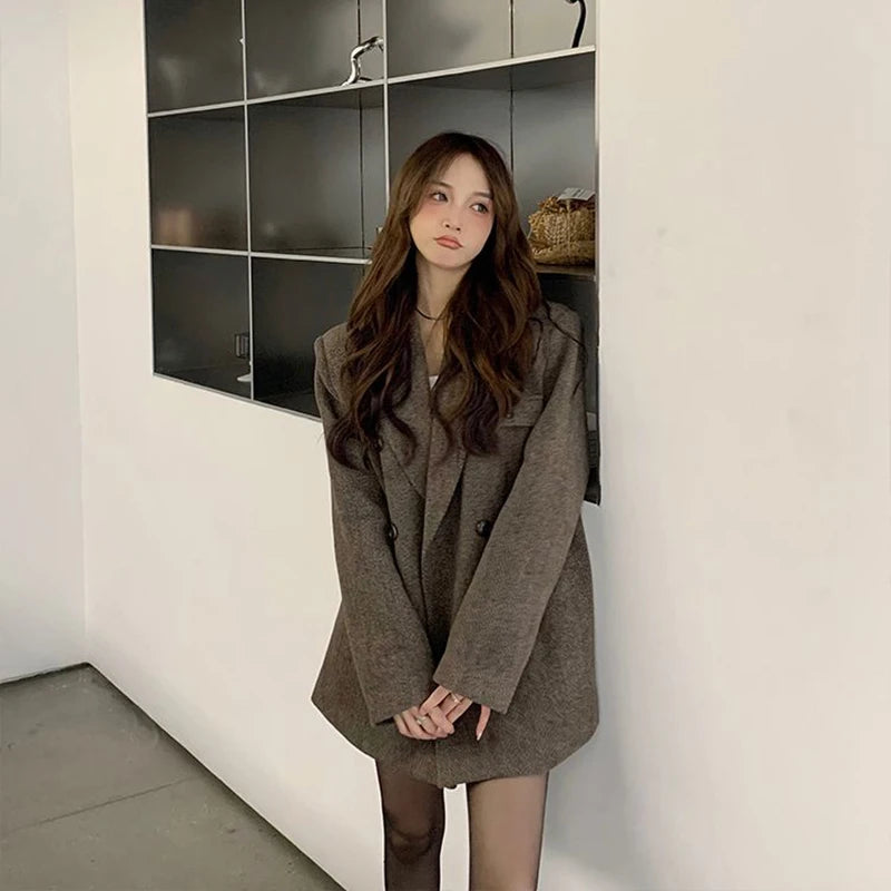 🍒Vintage brown blazer women autumn winter thick warm loose street wear jacket coats Y2K fashion chic double breasted Outerwear  You'll Wear This Out