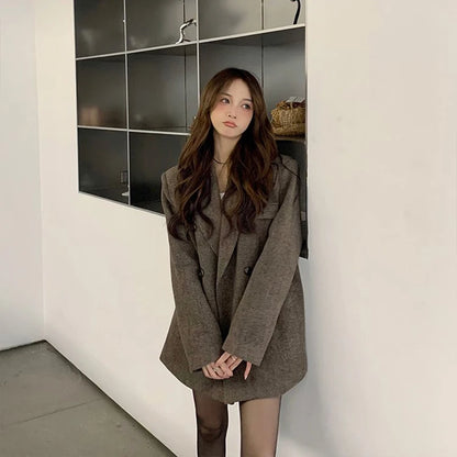 🍒Vintage brown blazer women autumn winter thick warm loose street wear jacket coats Y2K fashion chic double breasted Outerwear  You'll Wear This Out