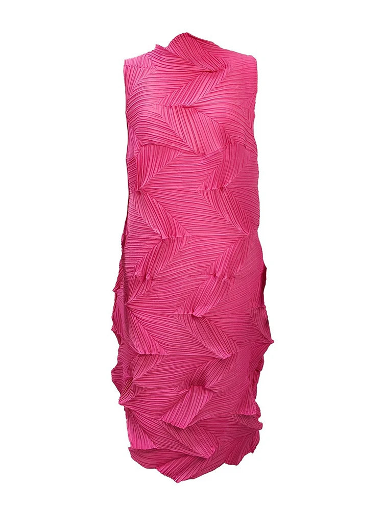 🍒Sleeveless pleated dress for women turtleneck outfit single colour solid fashion smart casual women party wear occasion clothing style 3D fold designer dresses Fashion A Fold