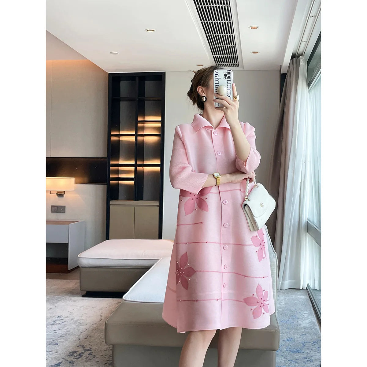 🍒Lapel dress colour blocking outfit beaded design coat dress for women elegant loose large size outfit spring autumn fashion women's over knee outfit