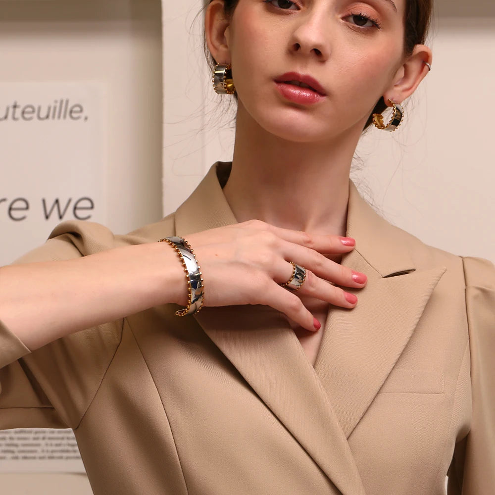 🍒Mix color jewellery round bead edge smooth stainless steel women's earrings stainless steel ring and stainless steel bracelet Set high-end design every day jewellery occasion Jewellery Gift This Gold Will Steel Attention