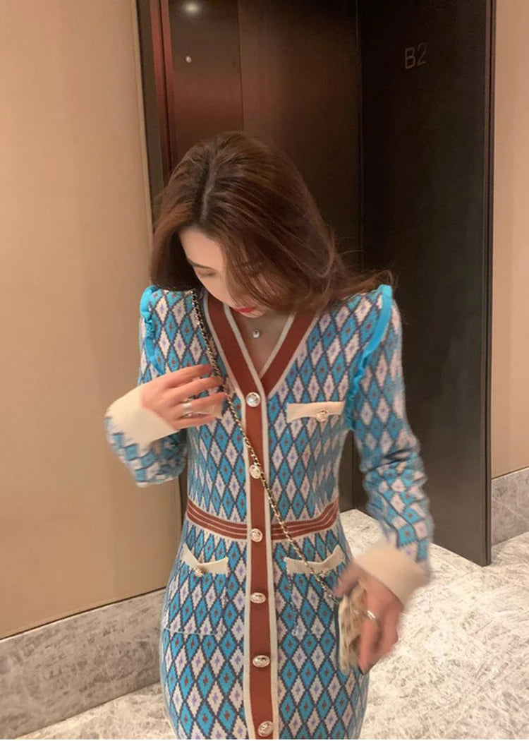 🍒Knitted dress for women v- neck autumn winter fashion french style clothing smart casual female outfit women diamond checkered clothing Playout Plaids