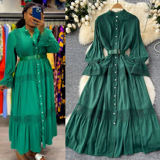 🍒Stand collar maxi dress a-line elegant single breasted smart casual women puff seeve outfit single breasted shirt dresses high waist Y2k fashion vintage style clothimg Get A ComPLEAT Look