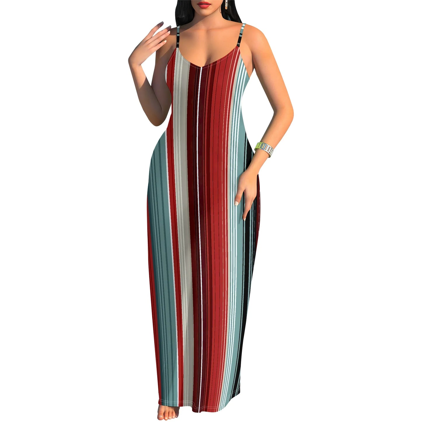 🍒Striped spaghetti strap maxi dress for holiday watercolor green & white pattern summer beach clothes for women plus size clothing S-3XL Five Stripes And Your Out-fitted