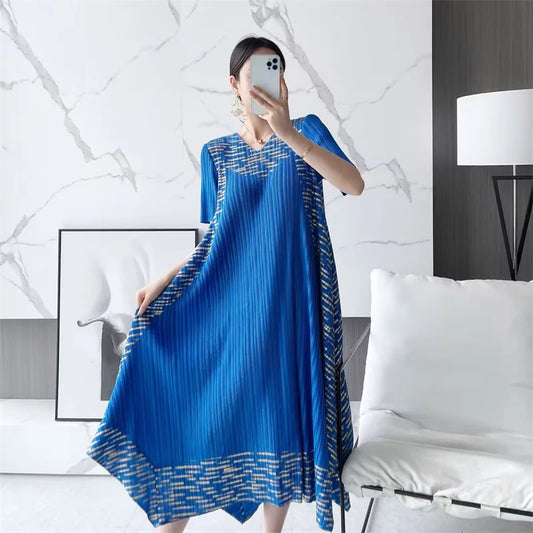 🍒Long dresses spring and autumn clothes plus size outfit a-line smart casual women pleated ring printed party wear A- Swirl Of a Dress
