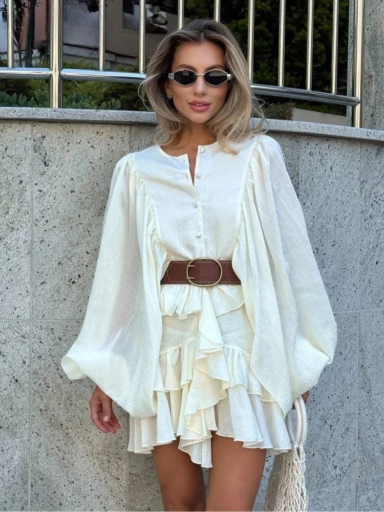 🍒Round neck long sleeve mini dress layered with skirt elegant solid clothes for women ruffle outfit single-breasted chic highstreet clothing Puff Ruffle Summer Sugar Stuff