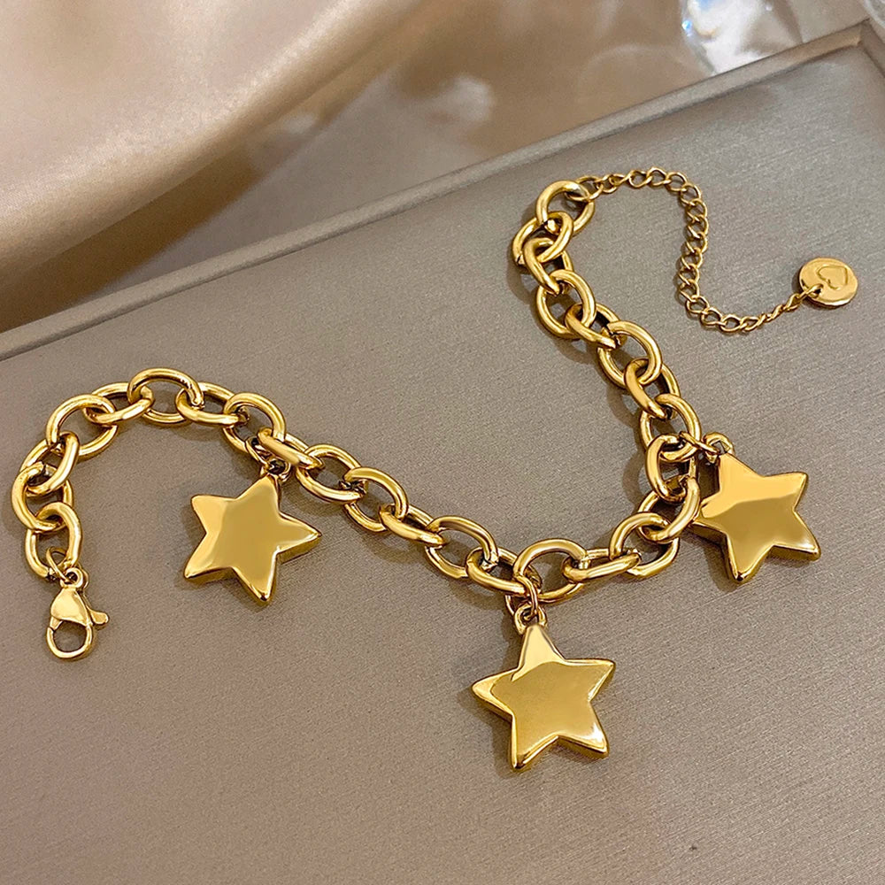 🍒Chunky star bracelet thick  stainless steel pendant chain silver bracelet for women gold plated stars wrist jewellery  you will be STAR-tled When You Get This