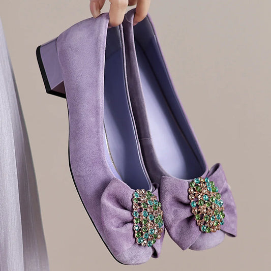 🍒Suede square toe shoes sweet bowtie flats women crystal slip on shoes decoration brooch flats elegant occadson shoes party footwear 41 size available Stride In Suedes