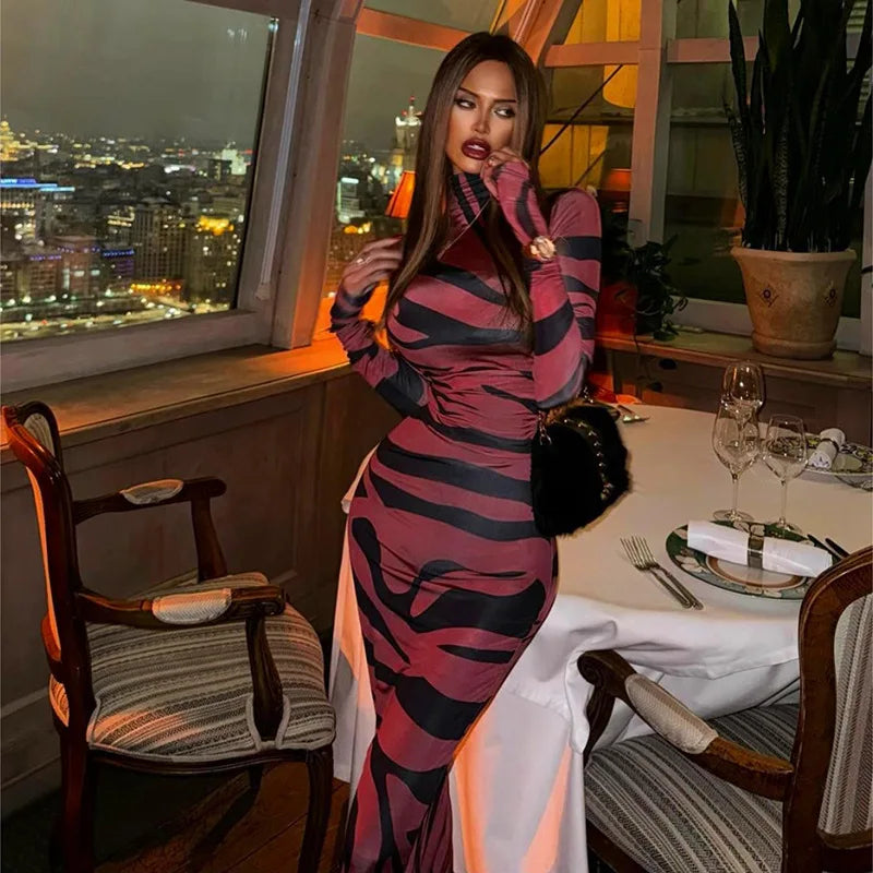 🍒Red striped long dress womens bodycon turtle neck zebra print mesh outfit clubwear party occasion wear clothing                       Catwalk Your Tiger