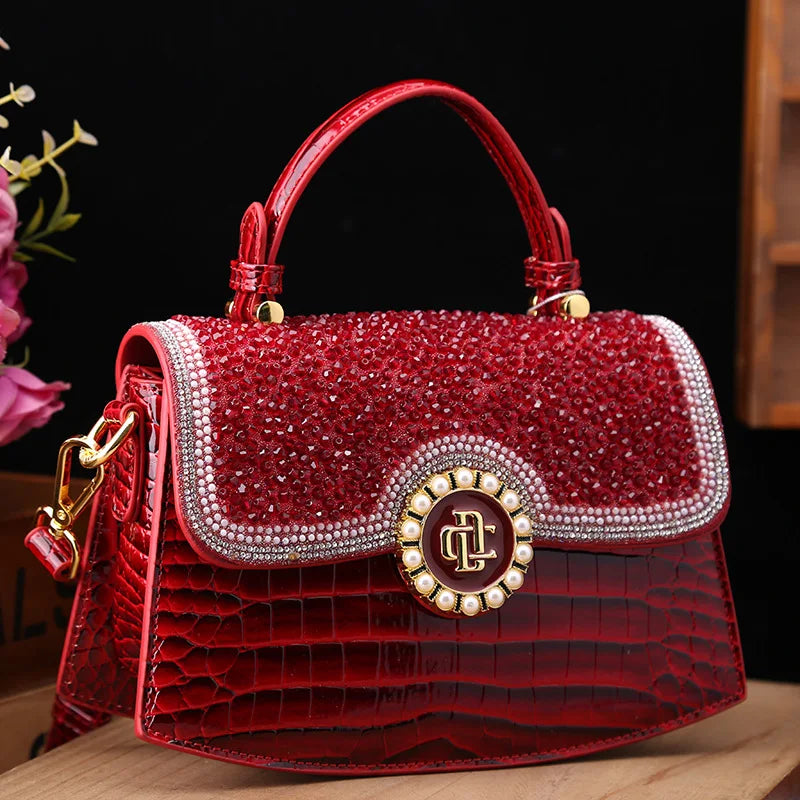 🍒Luxury designer alligator handbag women high end bag trendy shoulder bag diamond studded crossbody Pick Up A Pretty Pearl