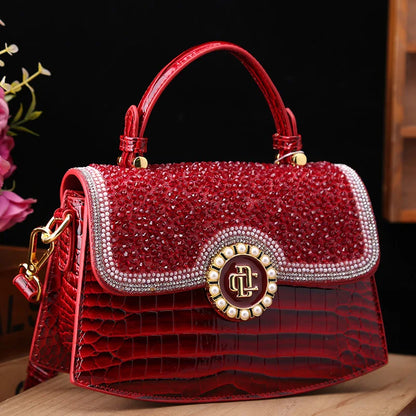 🍒Luxury designer alligator handbag women high end bag trendy shoulder bag diamond studded crossbody Pick Up A Pretty Pearl