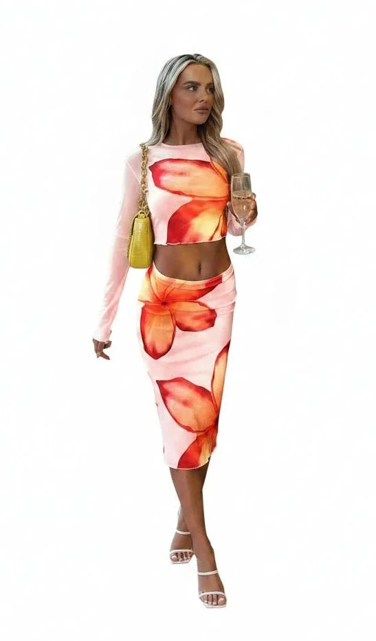 🍒Skirt and t-shirt 2 Piece long sleeve o-neck casual slim fit t-shirt crop top floral print fashion set party wear